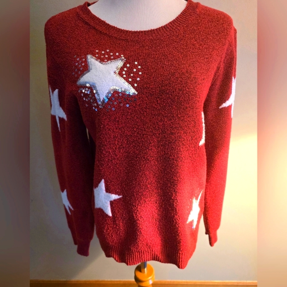 HOLIDAY TIME Long Sleeve Round Neck Sweater White Stars Womens with Sequins XL